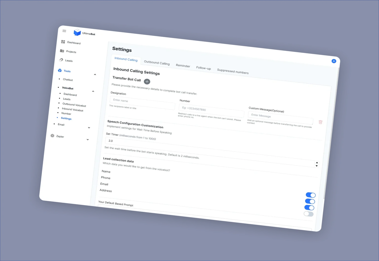 Actual UltimaBot inbound calling settings interface from its public website