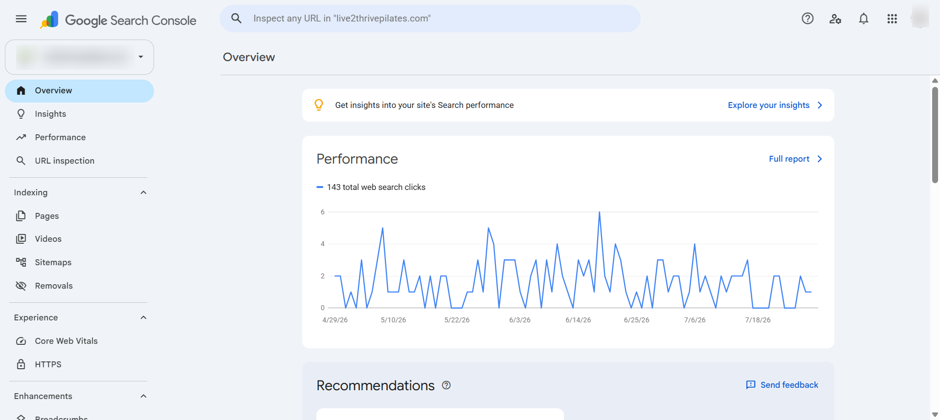 Google Search Console Overview dashboard showing Performance chart with 143 total web search clicks and navigation menu on the left