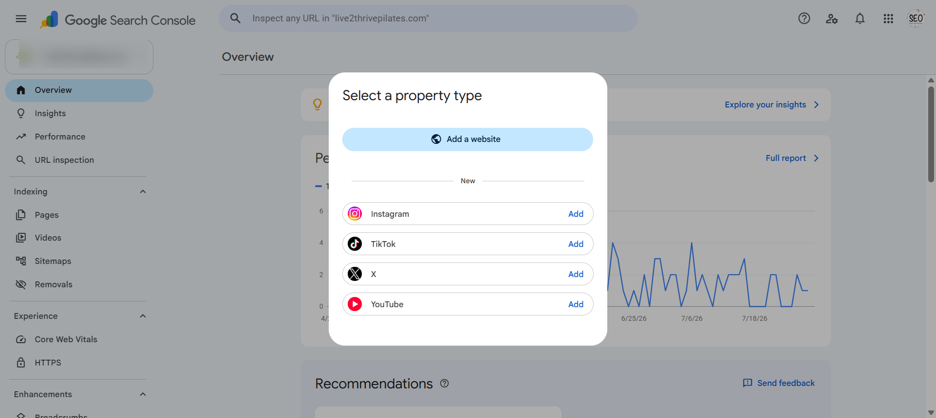 Google Search Console Add Property panel showing the platform properties section below the standard Domain and URL prefix options