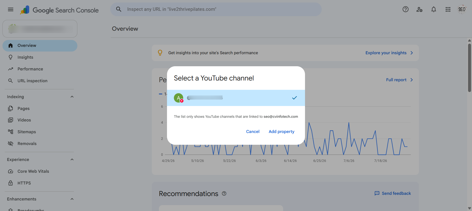 Google Search Console Select a YouTube channel dialog showing channel linked to seo@cvinfotech.com with checkmark and Add property button
