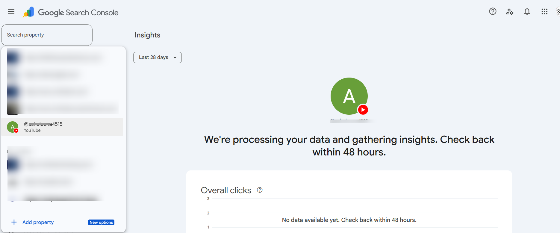 Google Search Console showing YouTube channel successfully connected with Insights page and 'We're processing your data, check back within 48 hours' message