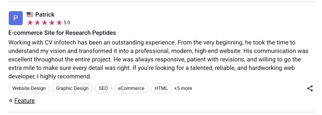Patrick's five-star Freelancer review for an ecommerce site for research peptides.