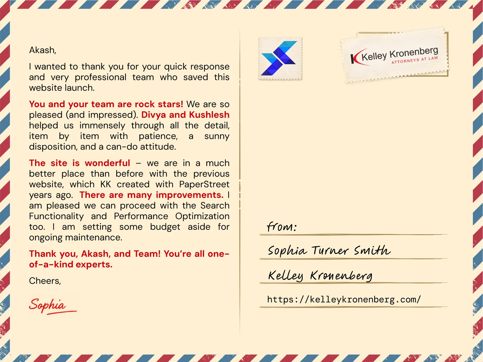 Client appreciation from Kelley Kronenberg, Attorneys at Law