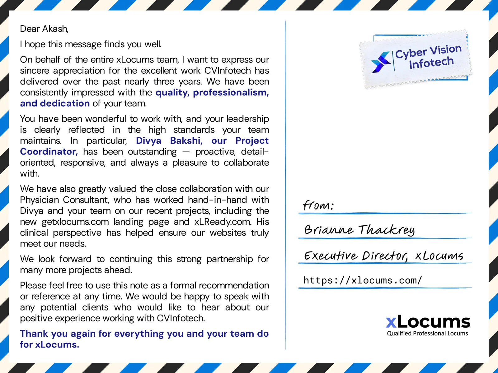 Client appreciation from Brianne Thackrey, Executive Director, xLocums