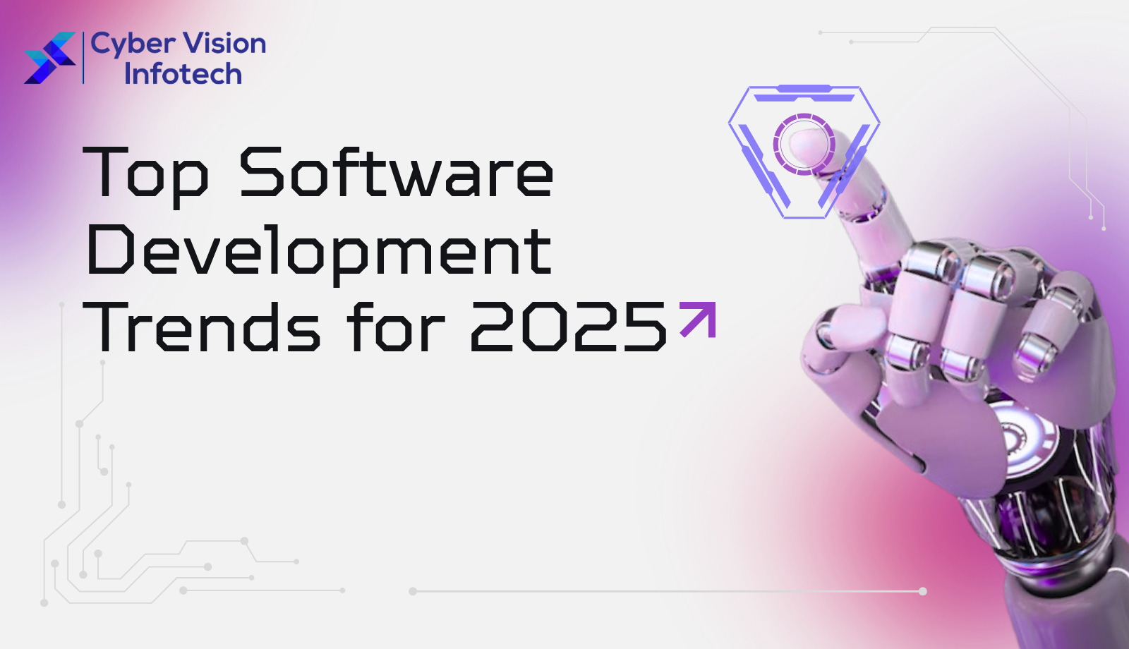 Futuristic purple-gradient graphic with a robotic hand pointing to a hexagonal icon alongside the text ‘Top Software Development Trends for 2025