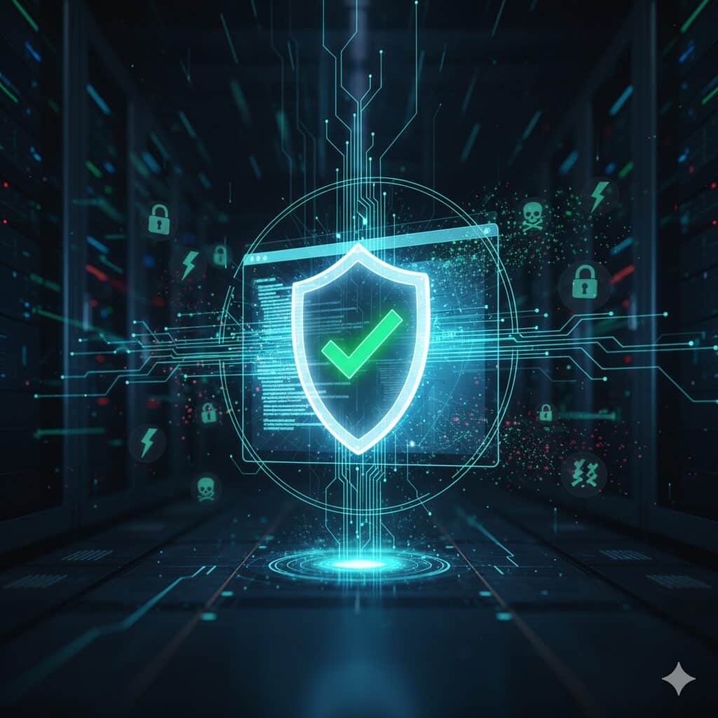 A digital shield icon with a green checkmark, surrounded by glowing circuit lines and cybersecurity symbols like locks and threat icons, set against a blurred server room background